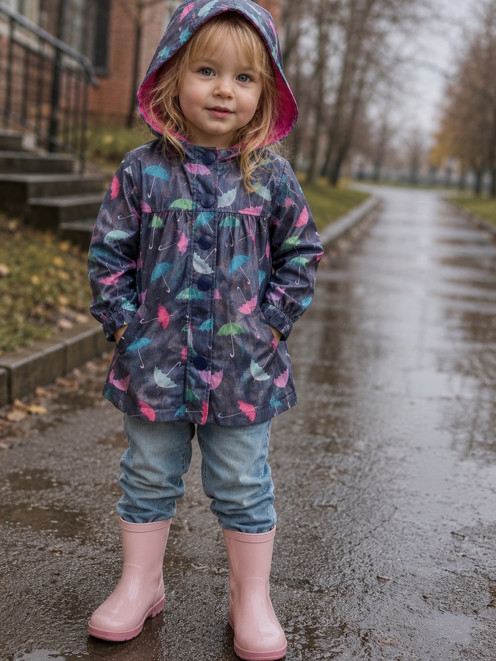 Girls Umbrella Print Hooded Rain Jacket – Size XS children’s